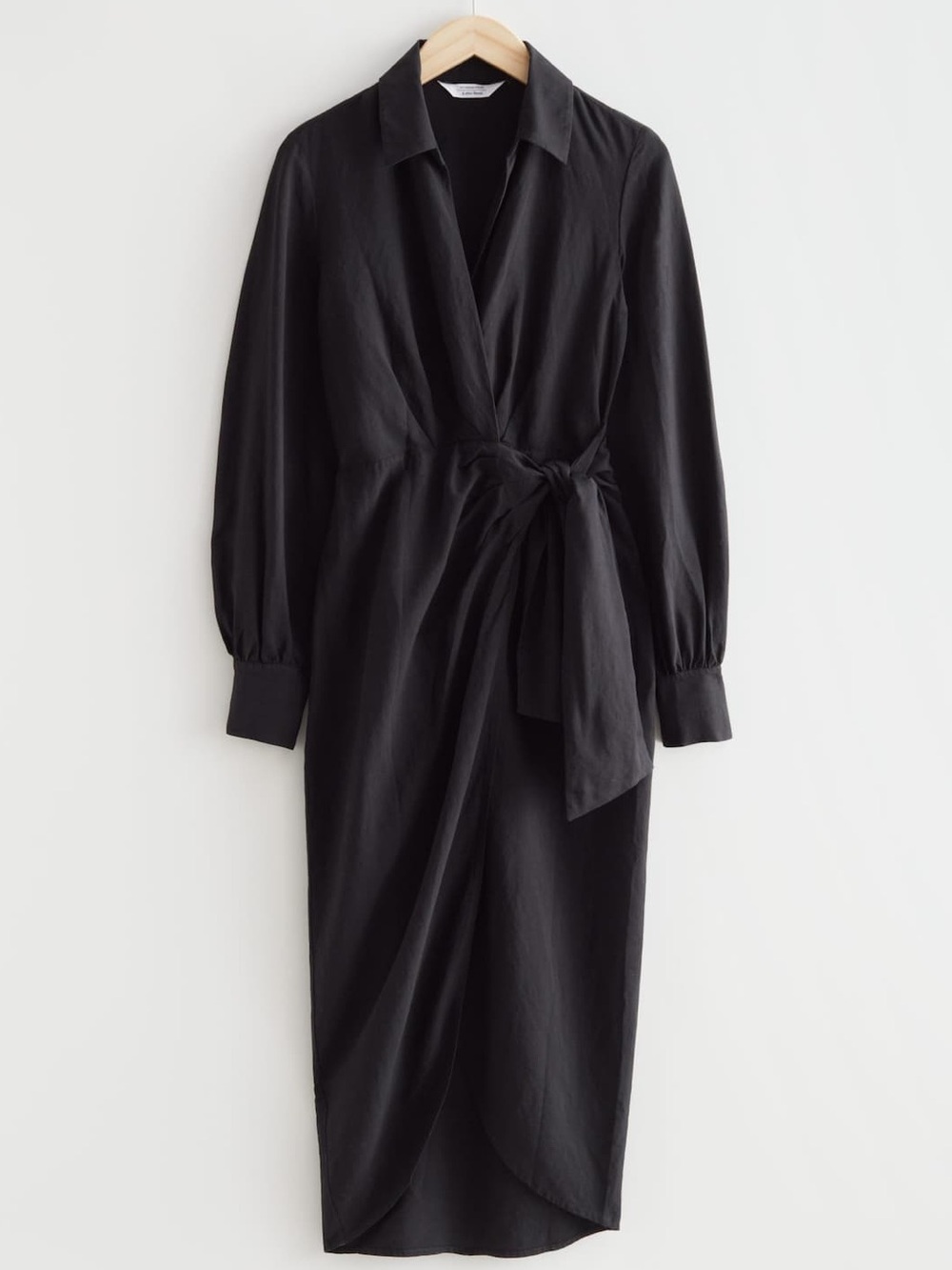 & Other Stories Black Collared Linen Blend Wrap Midi Dress- Size 10